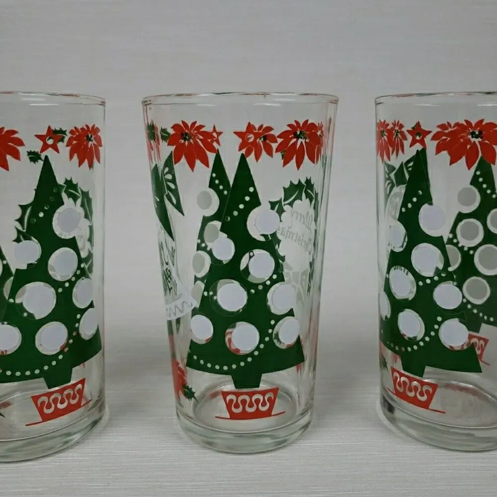 Vintage 7 Merry Christmas Happy New Year Cups Tumblers Continental Glass MCM